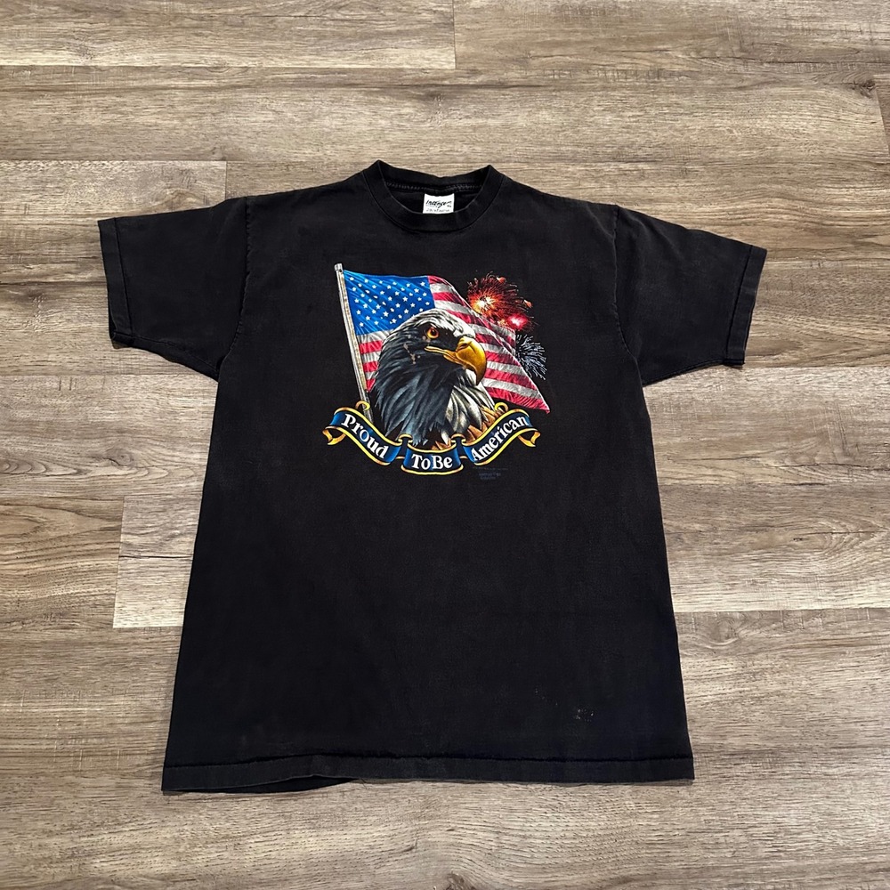Vintage 1990 Proud To Be American T-Shirt Mens XL Black Bald Eagle Flag Graphic